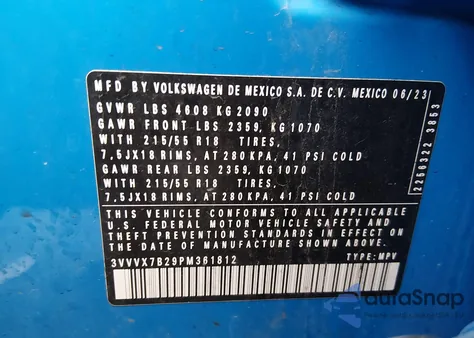 2023 Volkswagen Taos 1.5T Se z USA, uszkodzony, nr VIN 3VVVX7B29PM361812